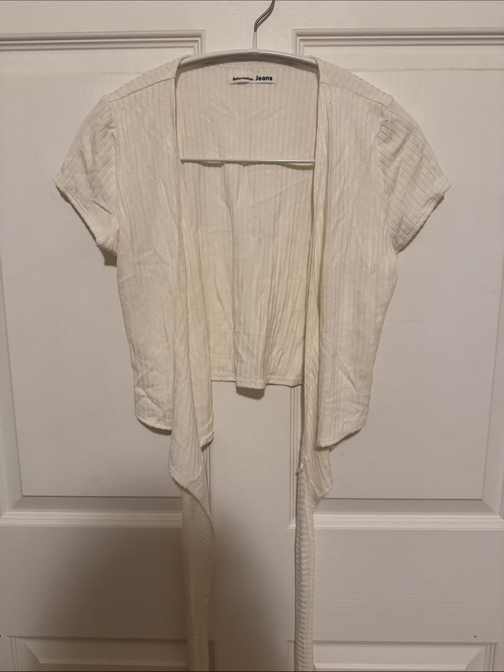 Reformation Cream Short-Sleeve Open Front Crop Cardigan